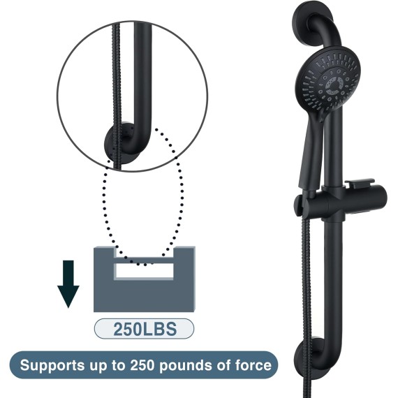 Stainless Steel Slide Bar Grab Rail Set Ada Compliant, 5-Spray Handshower with Slide Bar Kit – Includes Handheld Shower Head and 69-Inch Hose, Matte Black