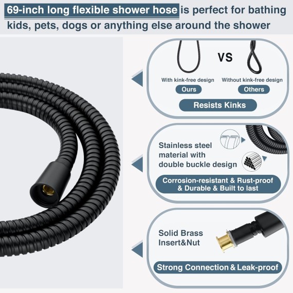 Stainless Steel Slide Bar Grab Rail Set Ada Compliant, 5-Spray Handshower with Slide Bar Kit – Includes Handheld Shower Head and 69-Inch Hose, Matte Black