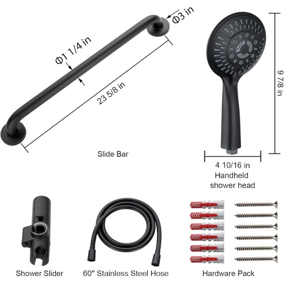 Stainless Steel Slide Bar Grab Rail Set Ada Compliant, 5-Spray Handshower with Slide Bar Kit – Includes Handheld Shower Head and 69-Inch Hose, Matte Black