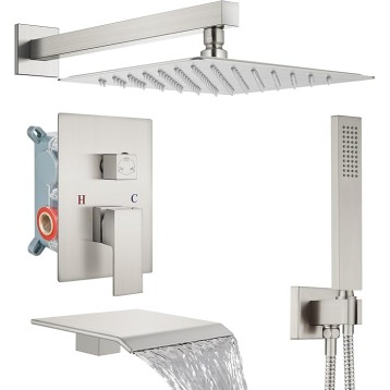 Rain Shower System Tub Shower Faucet Set Square Rainfall Head with Handheld Sprayer and Waterfall Tub Spout Rough-in Valve Included,10 Inch Brushed Nickel