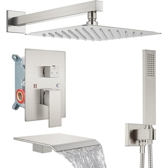 Rain Shower System Tub Shower Faucet Set Square Rainfall Head with Handheld Sprayer and Waterfall Tub Spout Rough-in Valve Included,10 Inch Brushed Nickel