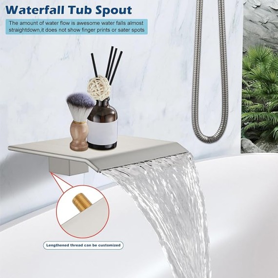 Rain Shower System Tub Shower Faucet Set Square Rainfall Head with Handheld Sprayer and Waterfall Tub Spout Rough-in Valve Included,10 Inch Brushed Nickel