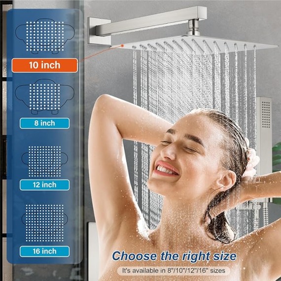Rain Shower System Tub Shower Faucet Set Square Rainfall Head with Handheld Sprayer and Waterfall Tub Spout Rough-in Valve Included,10 Inch Brushed Nickel