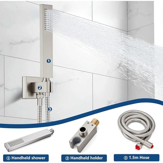 Rain Shower System Tub Shower Faucet Set Square Rainfall Head with Handheld Sprayer and Waterfall Tub Spout Rough-in Valve Included,10 Inch Brushed Nickel