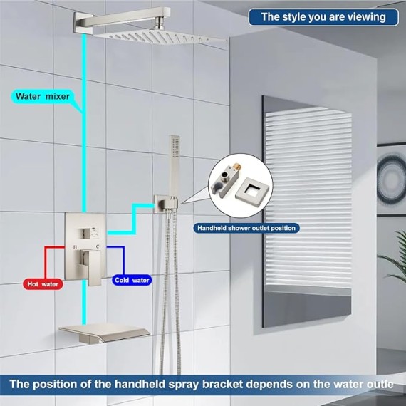 Rain Shower System Tub Shower Faucet Set Square Rainfall Head with Handheld Sprayer and Waterfall Tub Spout Rough-in Valve Included,10 Inch Brushed Nickel