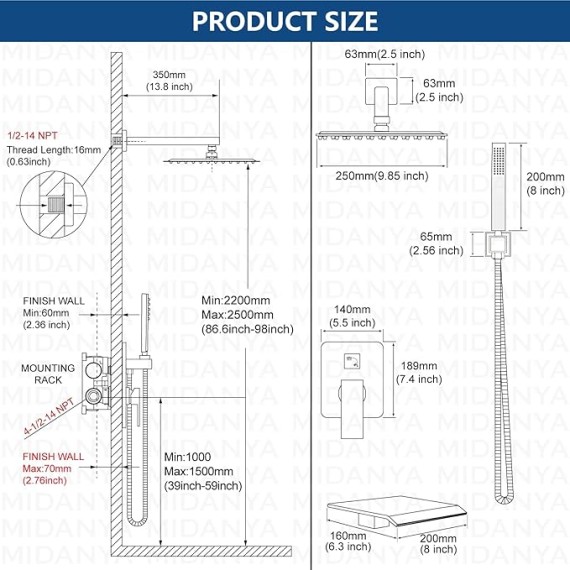 Rain Shower System Tub Shower Faucet Set Square Rainfall Head with Handheld Sprayer and Waterfall Tub Spout Rough-in Valve Included,10 Inch Brushed Nickel
