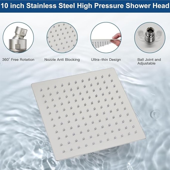 Rain Shower System Tub Shower Faucet Set Square Rainfall Head with Handheld Sprayer and Waterfall Tub Spout Rough-in Valve Included,10 Inch Brushed Nickel
