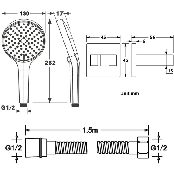 Handheld Shower Head, Round High Pressure Hand Showerhead with 59 Inch Flexible Shower Hose and Shower Bracket, 3 Spray Setting Shower,Chrome