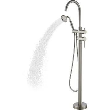 Freestanding Bathtub Fauce Floor Mount Bathroom Tub Filler with Hand Shower And Swivel Spout High Flow Shower Faucet, Brushed Nickel