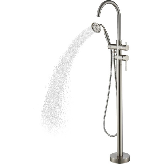 Freestanding Bathtub Fauce Floor Mount Bathroom Tub Filler with Hand Shower And Swivel Spout High Flow Shower Faucet, Brushed Nickel