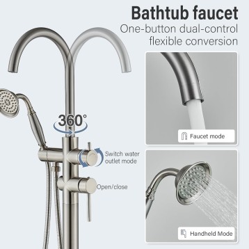 Freestanding Bathtub Fauce Floor Mount Bathroom Tub Filler with Hand Shower And Swivel Spout High Flow Shower Faucet, Brushed Nickel
