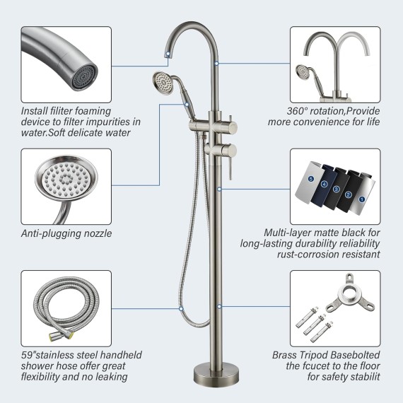 Freestanding Bathtub Fauce Floor Mount Bathroom Tub Filler with Hand Shower And Swivel Spout High Flow Shower Faucet, Brushed Nickel