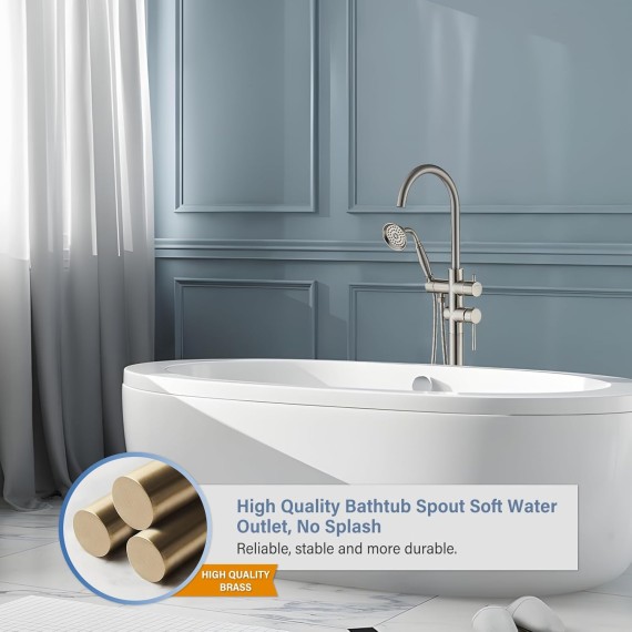 Freestanding Bathtub Fauce Floor Mount Bathroom Tub Filler with Hand Shower And Swivel Spout High Flow Shower Faucet, Brushed Nickel