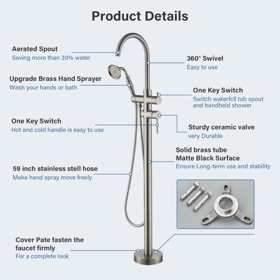 Freestanding Bathtub Fauce Floor Mount Bathroom Tub Filler with Hand Shower And Swivel Spout High Flow Shower Faucet, Brushed Nickel