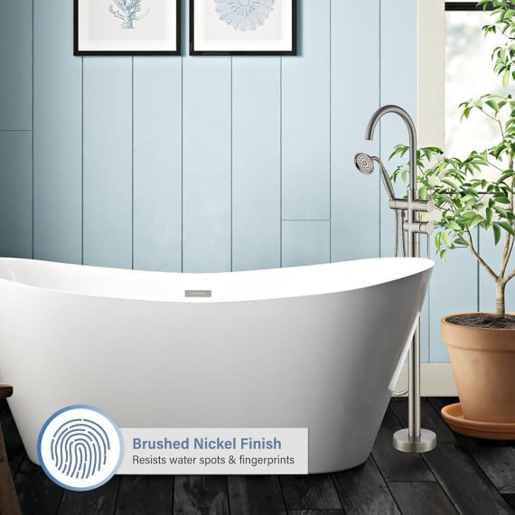 Freestanding Bathtub Fauce Floor Mount Bathroom Tub Filler with Hand Shower And Swivel Spout High Flow Shower Faucet, Brushed Nickel