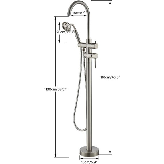 Freestanding Bathtub Fauce Floor Mount Bathroom Tub Filler with Hand Shower And Swivel Spout High Flow Shower Faucet, Brushed Nickel