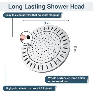 Rain Shower Head, 9 Inch High Pressure Waterfall Showerhead with Adjustable Angle and Anti-clogging Silicone Nozzles, Luxury Bathroom Overhead Shower, Chrome
