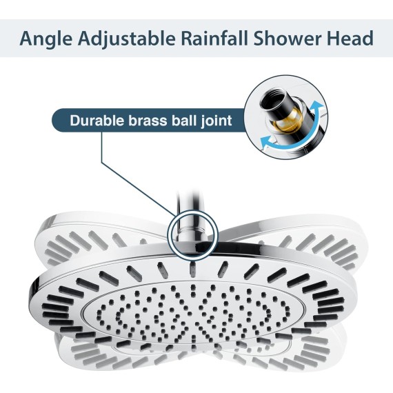 Rain Shower Head, 9 Inch High Pressure Waterfall Showerhead with Adjustable Angle and Anti-clogging Silicone Nozzles, Luxury Bathroom Overhead Shower, Chrome