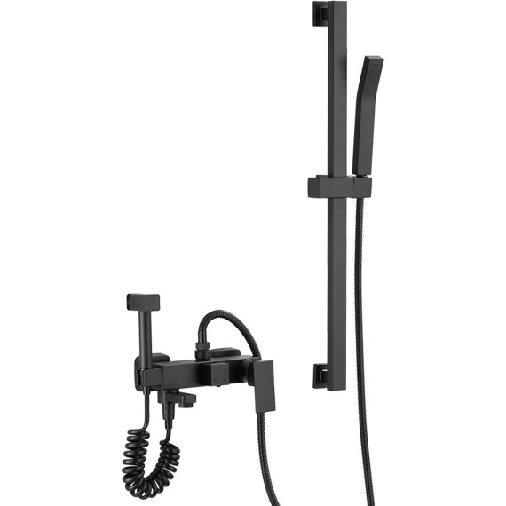 Matte Black Bathtub Faucet, Brass Tub Filler Faucet with Hand Shower and Bidet Sprayer, Wall Mounted Shower Faucet Set with Liftable Shower Rail for Bathroom
