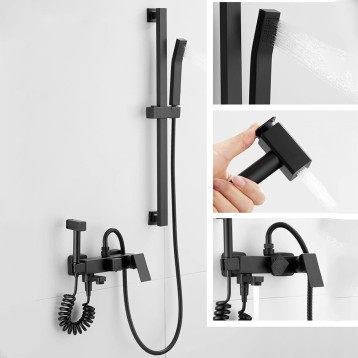 Matte Black Bathtub Faucet, Brass Tub Filler Faucet with Hand Shower and Bidet Sprayer, Wall Mounted Shower Faucet Set with Liftable Shower Rail for Bathroom