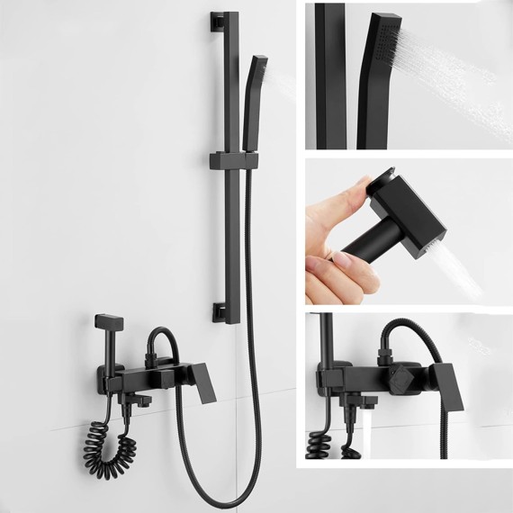 Matte Black Bathtub Faucet, Brass Tub Filler Faucet with Hand Shower and Bidet Sprayer, Wall Mounted Shower Faucet Set with Liftable Shower Rail for Bathroom