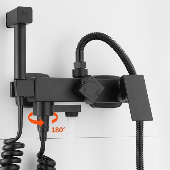 Matte Black Bathtub Faucet, Brass Tub Filler Faucet with Hand Shower and Bidet Sprayer, Wall Mounted Shower Faucet Set with Liftable Shower Rail for Bathroom