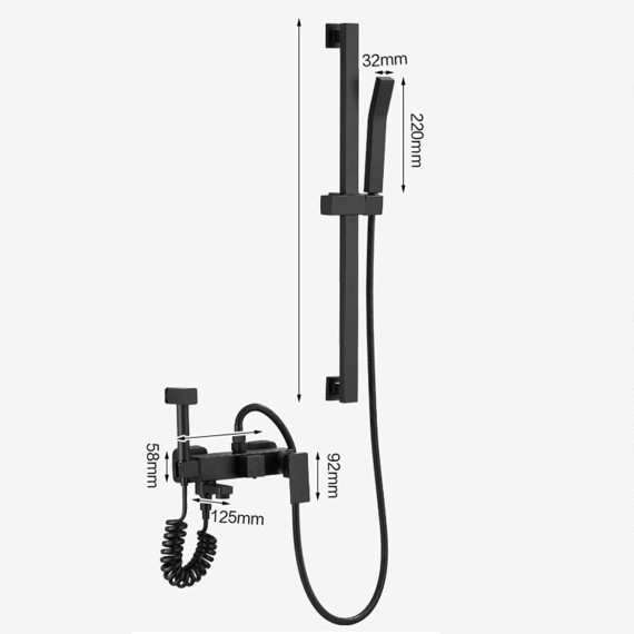 Matte Black Bathtub Faucet, Brass Tub Filler Faucet with Hand Shower and Bidet Sprayer, Wall Mounted Shower Faucet Set with Liftable Shower Rail for Bathroom