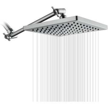 Rain Shower Head with 10 Inch Adjustable Extension Arm Combo, 8 Inch High Pressure Square Rainfall Showerhead with Shower Arm for Vertical Bathing Waterfall Experience, Brushed Nickel