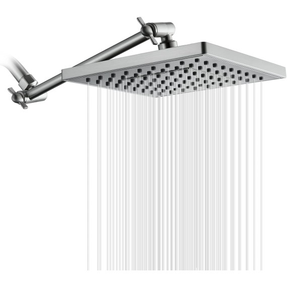 Rain Shower Head with 10 Inch Adjustable Extension Arm Combo, 8 Inch High Pressure Square Rainfall Showerhead with Shower Arm for Vertical Bathing Waterfall Experience, Brushed Nickel