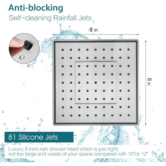 Rain Shower Head with 10 Inch Adjustable Extension Arm Combo, 8 Inch High Pressure Square Rainfall Showerhead with Shower Arm for Vertical Bathing Waterfall Experience, Brushed Nickel