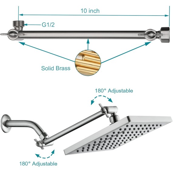 Rain Shower Head with 10 Inch Adjustable Extension Arm Combo, 8 Inch High Pressure Square Rainfall Showerhead with Shower Arm for Vertical Bathing Waterfall Experience, Brushed Nickel