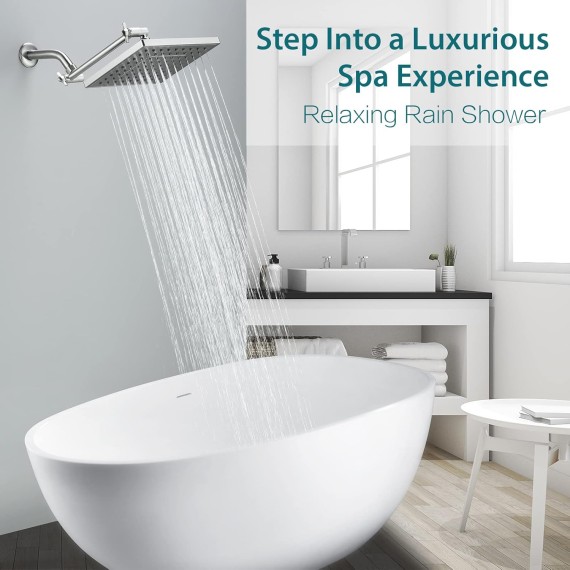Rain Shower Head with 10 Inch Adjustable Extension Arm Combo, 8 Inch High Pressure Square Rainfall Showerhead with Shower Arm for Vertical Bathing Waterfall Experience, Brushed Nickel