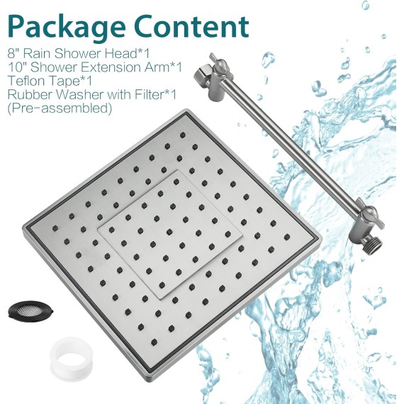 Rain Shower Head with 10 Inch Adjustable Extension Arm Combo, 8 Inch High Pressure Square Rainfall Showerhead with Shower Arm for Vertical Bathing Waterfall Experience, Brushed Nickel