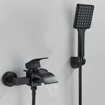 Waterfall Bathtub Faucet, Matt Black Bathtub Mixer, Wall Mount Tub Faucet with Handheld Shower Modern Brass Tub Filler