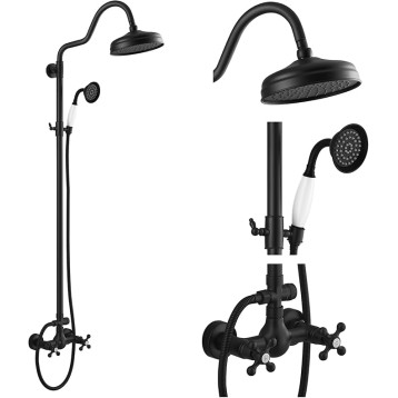 Luxury Exposed Shower Faucet Set Bathroom Shower System 8 Inch Wall Mount Rainfall Shower Head with Handheld Spray Cross Double Handle Shower Fixture Adjustable Arc Rod Matte Black