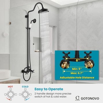 Luxury Exposed Shower Faucet Set Bathroom Shower System 8 Inch Wall Mount Rainfall Shower Head with Handheld Spray Cross Double Handle Shower Fixture Adjustable Arc Rod Matte Black