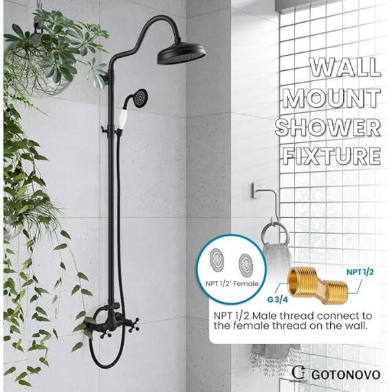 Luxury Exposed Shower Faucet Set Bathroom Shower System 8 Inch Wall Mount Rainfall Shower Head with Handheld Spray Cross Double Handle Shower Fixture Adjustable Arc Rod Matte Black
