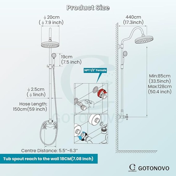 Luxury Exposed Shower Faucet Set Bathroom Shower System 8 Inch Wall Mount Rainfall Shower Head with Handheld Spray Cross Double Handle Shower Fixture Adjustable Arc Rod Matte Black