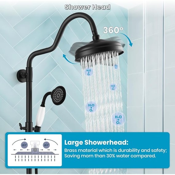 Luxury Exposed Shower Faucet Set Bathroom Shower System 8 Inch Wall Mount Rainfall Shower Head with Handheld Spray Cross Double Handle Shower Fixture Adjustable Arc Rod Matte Black