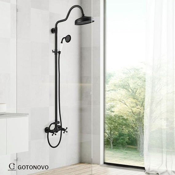 Luxury Exposed Shower Faucet Set Bathroom Shower System 8 Inch Wall Mount Rainfall Shower Head with Handheld Spray Cross Double Handle Shower Fixture Adjustable Arc Rod Matte Black