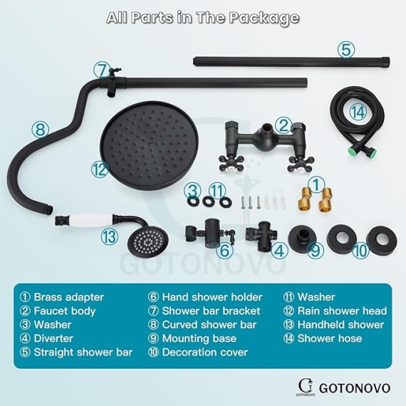 Luxury Exposed Shower Faucet Set Bathroom Shower System 8 Inch Wall Mount Rainfall Shower Head with Handheld Spray Cross Double Handle Shower Fixture Adjustable Arc Rod Matte Black