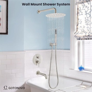 10 Inch Round Shower System with Tub Spout Wall Mount 3 Function Bathtub Shower Faucet Set Rainfall Shower Head Combo Rough-in Valve Trim Kit, Cylindrical Handheld, Brushed Nickel