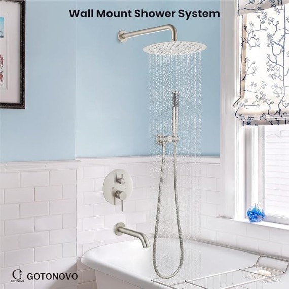 10 Inch Round Shower System with Tub Spout Wall Mount 3 Function Bathtub Shower Faucet Set Rainfall Shower Head Combo Rough-in Valve Trim Kit, Cylindrical Handheld, Brushed Nickel