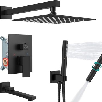 Shower Tub Faucet Set Wall Mount,Tub and Shower Faucet Combo,Shower System,with 2 in 1 Handheld Sprayer,Rough-in Valve,with 12 Inch Showerhead Matte Black