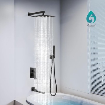 Shower Tub Faucet Set Wall Mount,Tub and Shower Faucet Combo,Shower System,with 2 in 1 Handheld Sprayer,Rough-in Valve,with 12 Inch Showerhead Matte Black