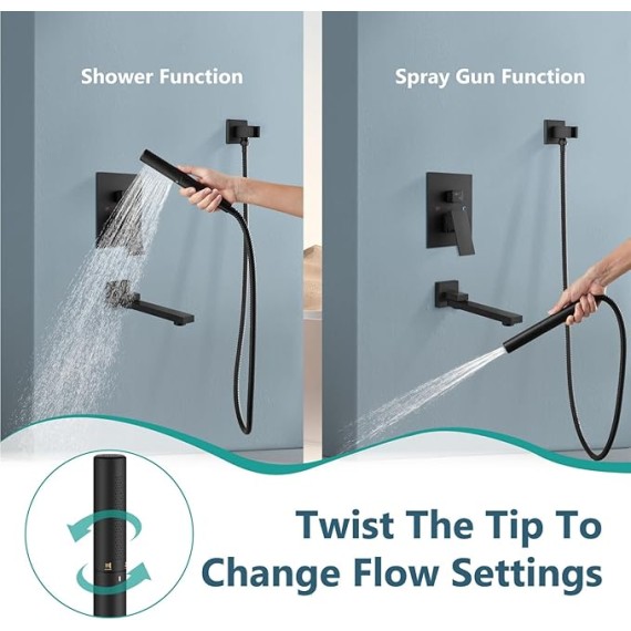 Shower Tub Faucet Set Wall Mount,Tub and Shower Faucet Combo,Shower System,with 2 in 1 Handheld Sprayer,Rough-in Valve,with 12 Inch Showerhead Matte Black