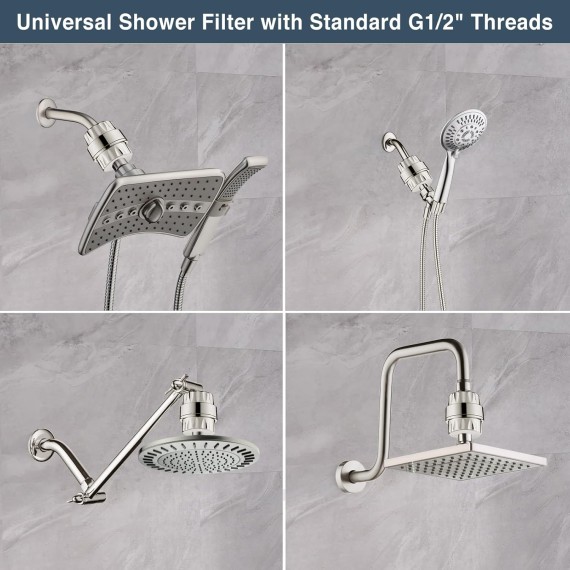 High Output Shower Filter for Hard Water, Removes Chlorine and Fluoride, Universal Multi-Stage Shower Water Softener Reduces Dry Itchy Skin, Scalp and Eczema, Brushed Nickel