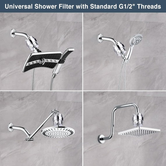 High Output Shower Filter for Hard Water, Removes Chlorine and Fluoride, Universal Multi-Stage Shower Water Softener Reduces Dry Itchy Skin, Scalp and Eczema, Chrome
