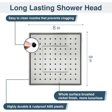 Square Shower Head, 8 Inch High Pressure Rain Shower Head, Angle Adjustable High Flow Rainfall Showerhead for Luxury Shower Experience, Brushed Nickel