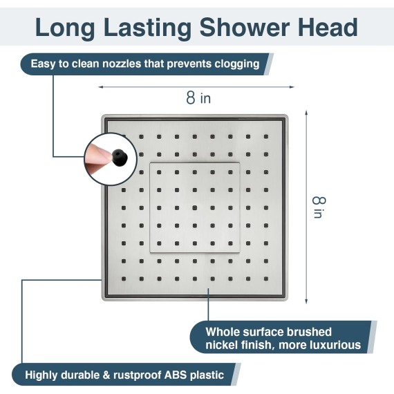 Square Shower Head, 8 Inch High Pressure Rain Shower Head, Angle Adjustable High Flow Rainfall Showerhead for Luxury Shower Experience, Brushed Nickel